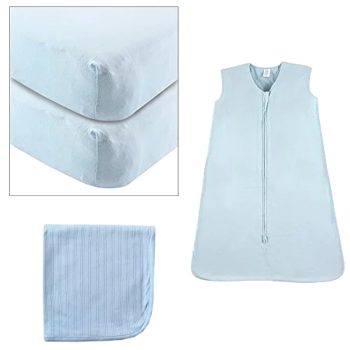 Touched by Nature Fitted Crib Sheet 2-Pack Cotton Swaddle Blanket & Wearable Sleeping Bag in Blue